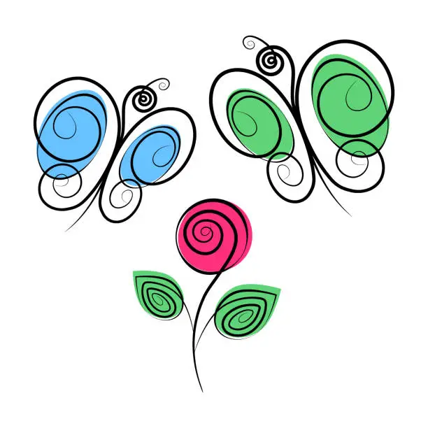Vector illustration of 2 stylized butterflies and blossom rose in trendy marker shades. Ser of 3 greetings design elements
