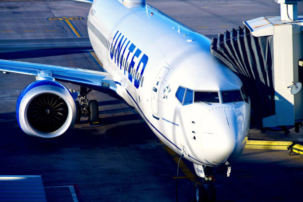 united airlines boeing 737 max 8 al gate, aeroporto internazionale di denver, colorado (usa) - airport window outdoors airfield foto e immagini stock