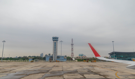 Airplane is landing on the Cat Bi international Airport in Hai Phong city, Viet Nam.