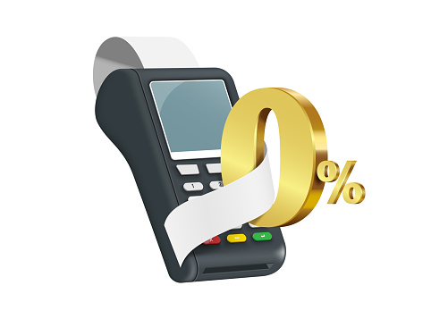 Number 0% zero percent Gold color placed on card reader and receipt paper or invoice paper wrapped together for promotion design Installment via credit card Interest or fees 0%, vector 3d isolated