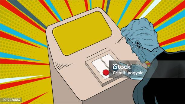 Click Red Button Sweating Vector Pop Art Sweating Superhero Choosing Button Stock Illustration ...