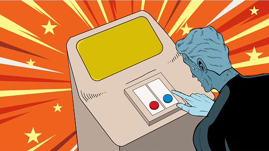A retro pop art style vector illustration of a superhero sweating while choosing button on a console. Easy to edit. Put your text on the spaces available.