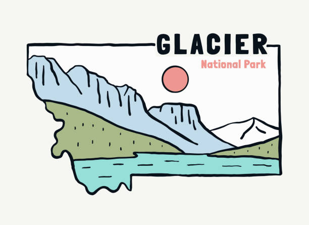 illustrations, cliparts, dessins animés et icônes de illustration vectorielle vintage du parc national des glaciers du montana pour l’autocollant de badge de t-shirt et d’autres utilisations - us glacier national park