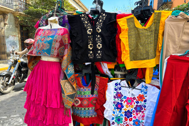 Handmade Mexican creations, bursting with vivid colors and exceptional quality, crafted by skilled Mexican artisans and exhibited at a market.