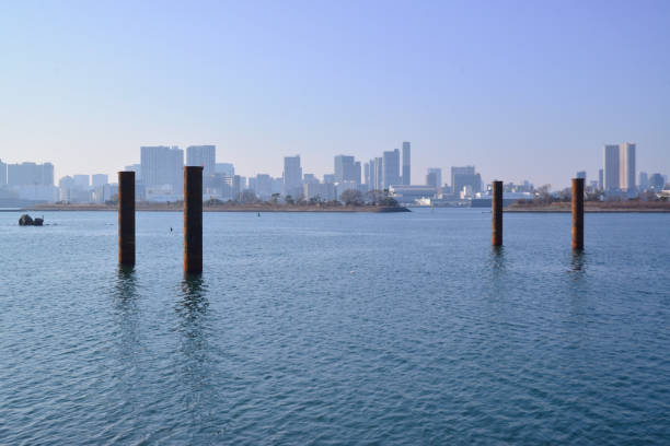Rusty cylindrical iron rod sticking out into the sea without being removed