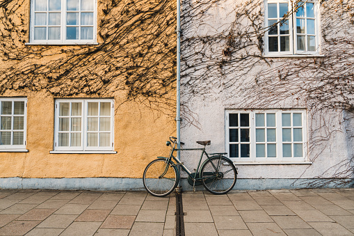 Old Fashioned Bicycle With Dry wine branches on the wall in Oxford