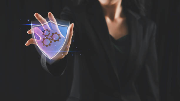 istock Business woman presses gear lock button on virtual screen Internet information inquiry computer service concept (safety, security, insurance) 2019343827