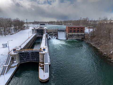 Winter aerial Image of the Erie Canal Locks found in Seneca Falls, NY, between Seneca Lake and Cayuga Lake.
