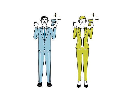 Simple line drawing illustration of businessman and businesswoman (senior, executive, manager) in a suit who is pleased to see a bankbook.