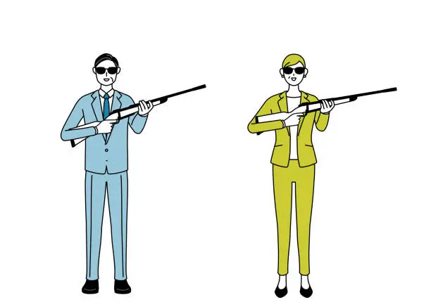 Vector illustration of Simple line drawing illustration of businessman and businesswoman (senior, executive, manager) in a suit wearing sunglasses and holding a rifle.