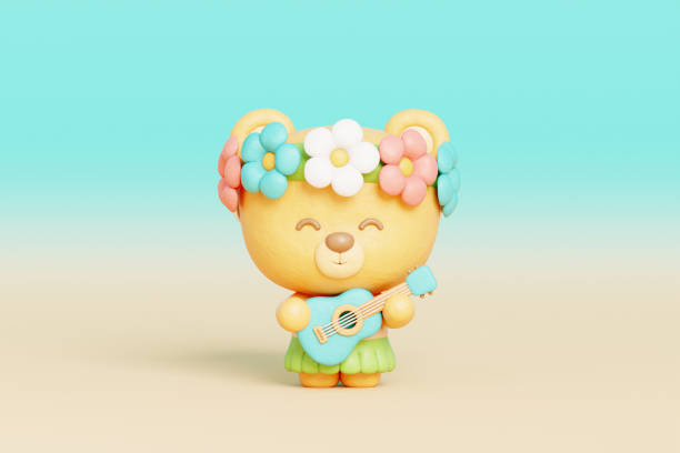 3d cute bear Hawaiian character, summer tropical, holiday vacation.