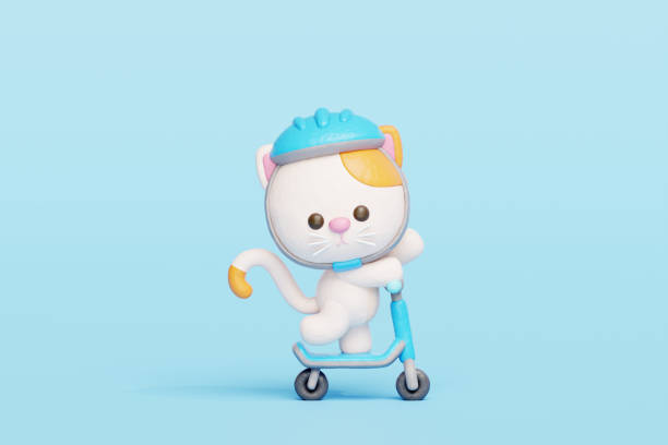 3D cute cat bear playing scooter, cartoon animal character, 3d rendering.