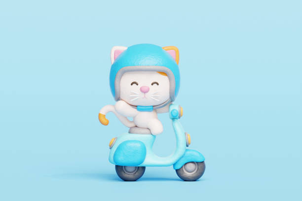 3D cute cat riding scooter, cartoon animal character, 3d rendering.