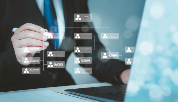 istock Workflow automation concept with hierarchical structure data diagram of departments in business organization. digital transformation Business process management concepts 2019380264