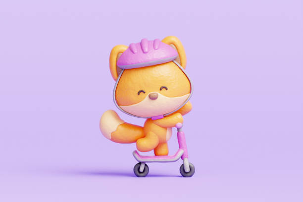 3D cute fox bear playing scooter, cartoon animal character, 3d rendering.