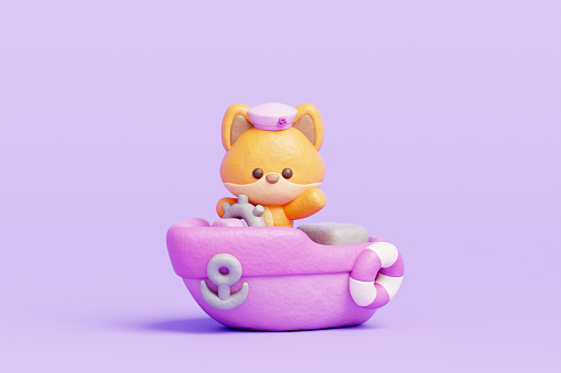 3D cute fox driving boat, cartoon animal character, 3d rendering.