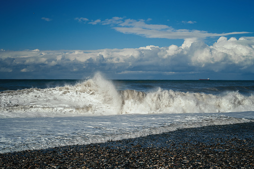 Shore of a sea or ocean in storm