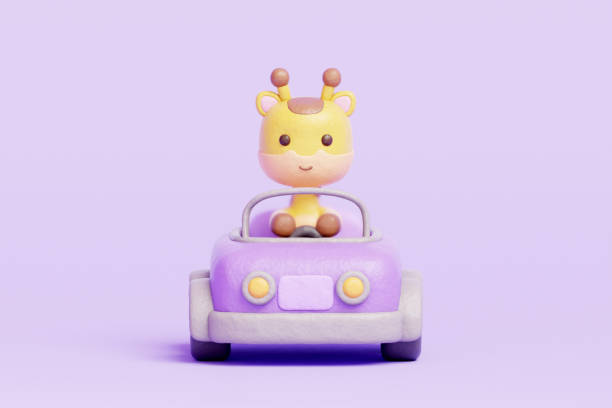 3D cute giraffe driving car, cartoon animal character, 3d rendering.
