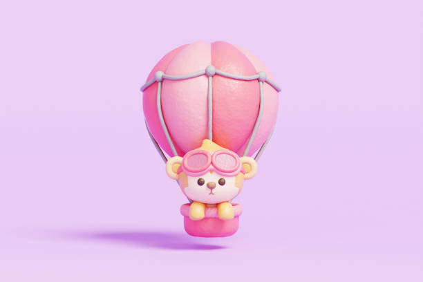 3D cute monkey flying in a hot air balloon, cartoon animal character, 3d rendering.
