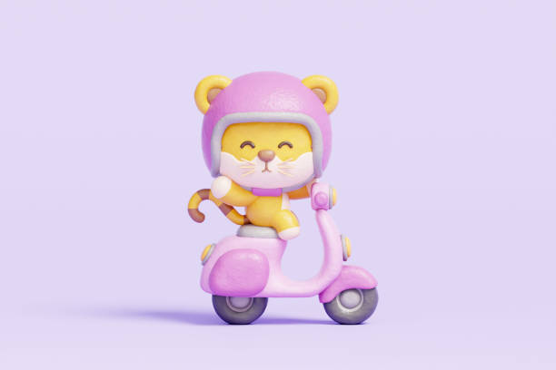 3D cute tiger riding scooter, cartoon animal character, 3d rendering.