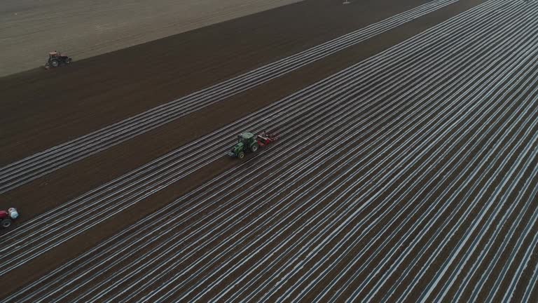 A farmer drives a planter to plant corn on a farm, aerial photo, North China