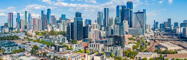 Aerial view Melbourne CBD with impressive high-rise architecture contrasting with foreground
