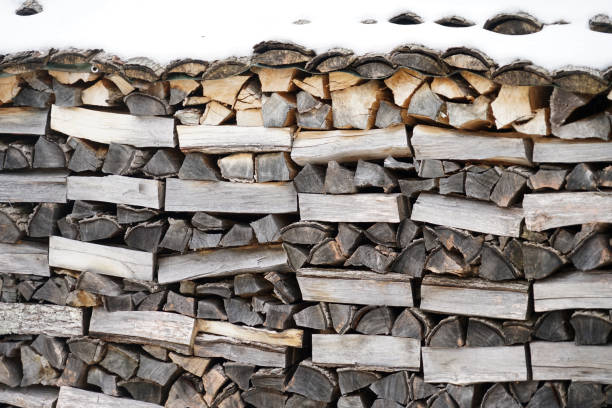 stacking fire wood in the back yard after snow
