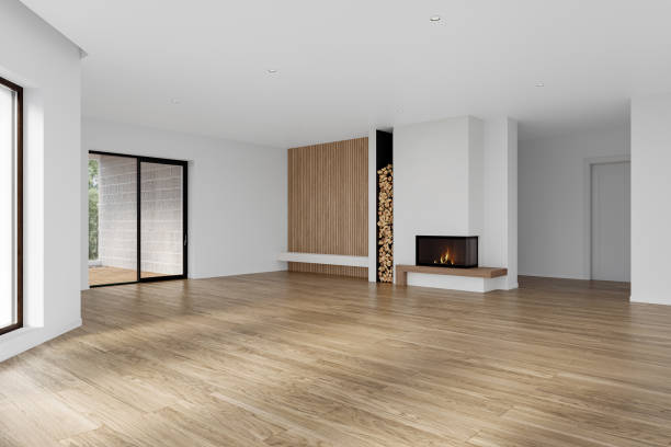 istock Empty Open space living room and kitchen interior with hardwood flooring and white walls. 2019487446