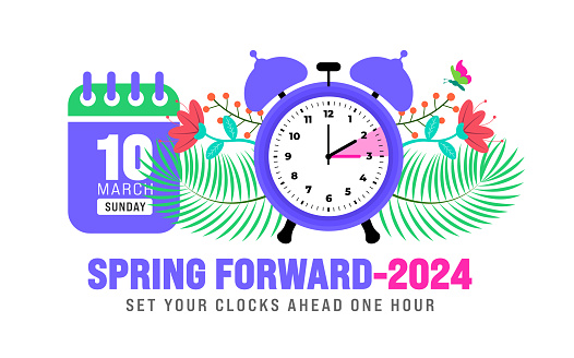 Spring Forward concept 2024 banner. Daylight Saving Time Starts background with cartoon doodle style with funny clock flower.