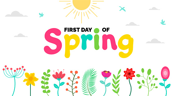 First Day of Spring or It's First Spring Day background template with colorful flower.