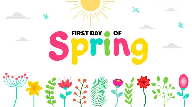 Vector illustration of First Day of Spring or It's First Spring Day background template with colorful flower. Hello spring  or Spring background with beautiful colorful flower. Vector illustration template.