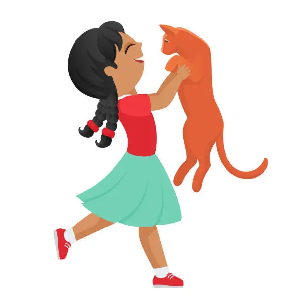 Vector illustration of Little girl cuddling her cat