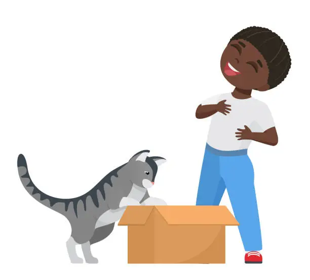 Vector illustration of Happy little kid playing with cat