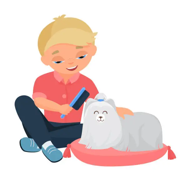 Vector illustration of Little kid combing his dog