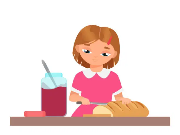 Vector illustration of Little girl preparing toasts