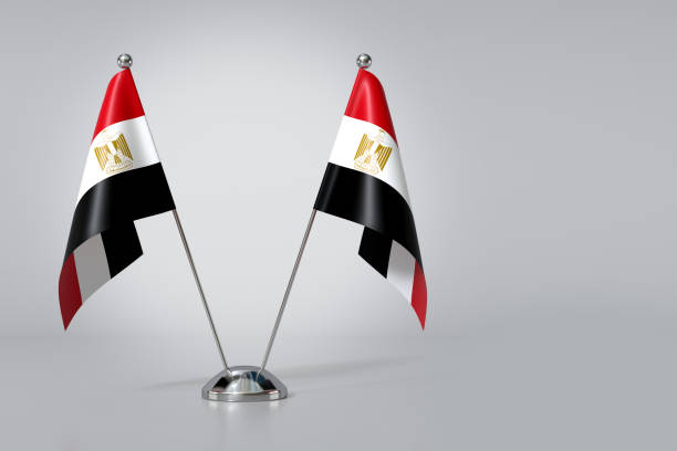 bandeira nacional dupla da bandeira da tabela da república árabe do egito no fundo cinza. renderização 3d - egyptian flag flag africa middle east - fotografias e filmes do acervo