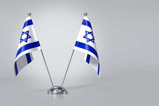 Double State of Israel Table Flag on Gray Background. 3d Rendering