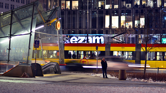 Warsaw, Poland. 5 December 2023. Modern tram waiting for green light