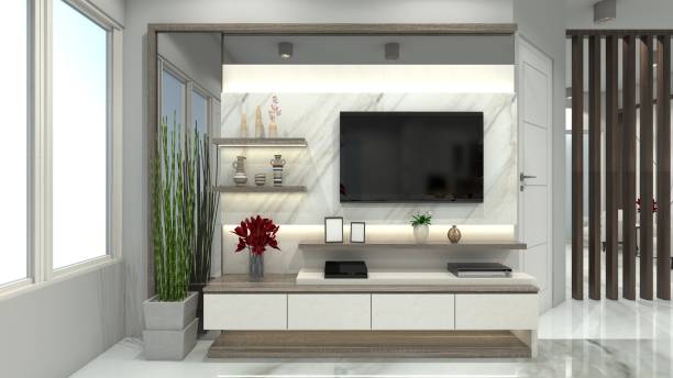 istock Luxury TV Cabinet Design with Minimalist Table and Panel Rack Display 2019556064