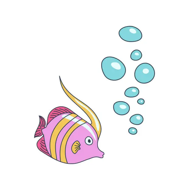 Vector illustration of Pink tropical striped fish swimming among blue water bubbles