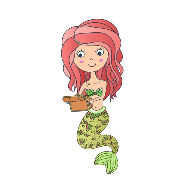 Vector illustration of Cute little mermaid with green scaly tail and red hair holding box with golden treasure