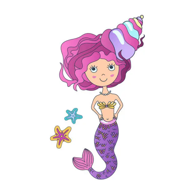 Vector illustration of Adorable little fairy mermaid with purple tail and spiral shell in hair