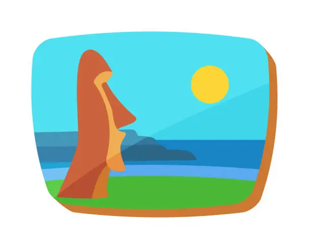 Vector illustration of Moai stone statue on Easter island, abstract sea landscape and travel sticker