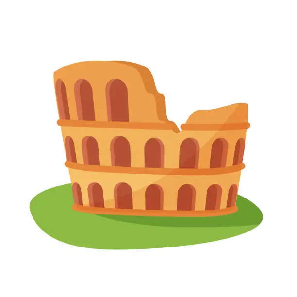 Vector illustration of Old ruins of Colosseum in Rome, abstract travel sticker of famous historical landmark