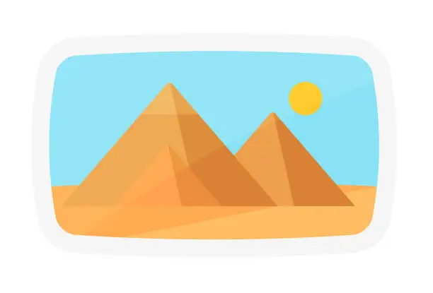 Vector illustration of Egyptian pyramids in desert landscape, abstract travel sticker