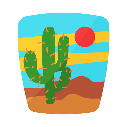 Cactus in desert landscape of Mexico, abstract travel sticker vector illustration