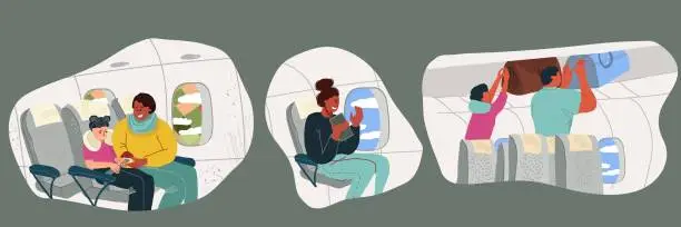 Vector illustration of Set of vector flat hand drawn scenes of happy passengers on an airplane with gadgets, woman fastening a child with a seat belt, passengers packing luggage.