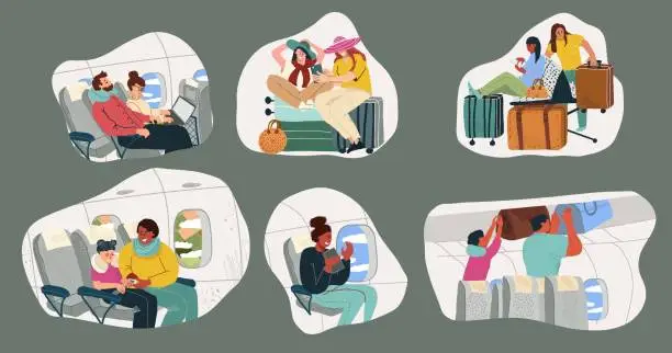 Vector illustration of Set of hand drawn illustrations with happy airplane passengers, guy sleeping, girl, woman working at laptop, sitting at airplane window, clouds during flight, people with luggage in airport.