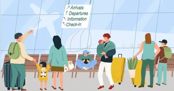Vector illustration of Characters of people in the departure area at the airport. Passengers with luggage in the waiting room of the international terminal, departure board. Tourists with luggage hand drawn vector art.