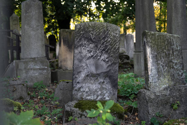 istock Old cemetery with weathered, gray stone tombstones. Spooky graveyard, necropolis, burial ground or gravesite. 2019608809